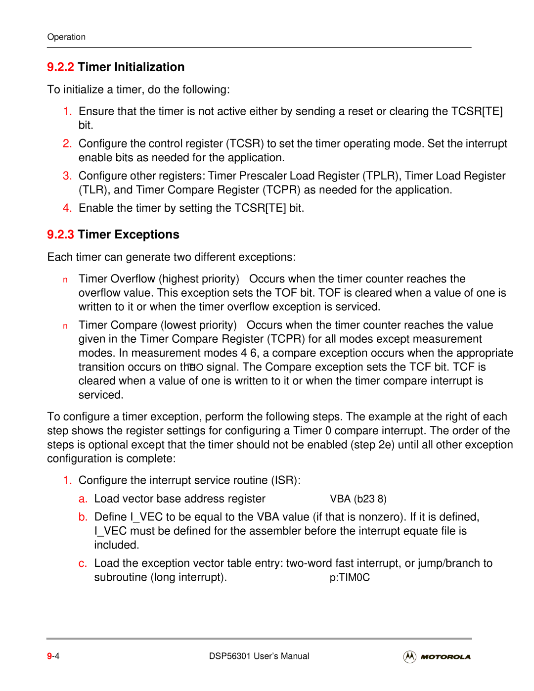 Motorola DSP56301 user manual Timer Initialization, Timer Exceptions 