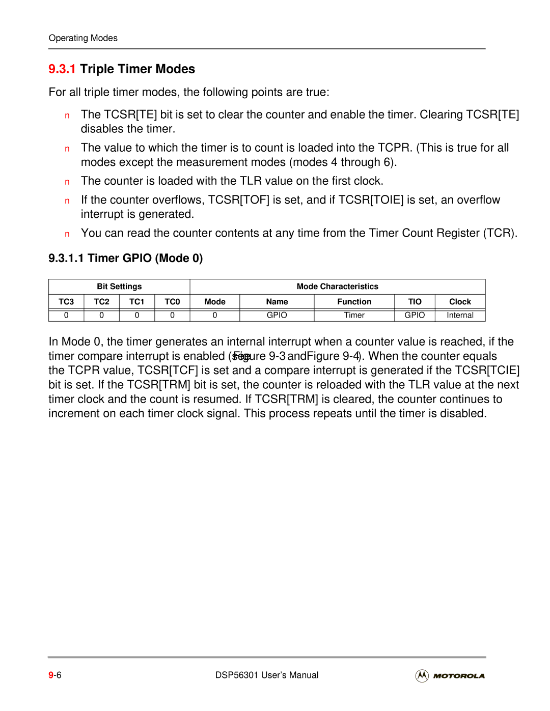 Motorola DSP56301 user manual Triple Timer Modes, Timer Gpio Mode, TC3 TC2 TC1 TC0, Tio 