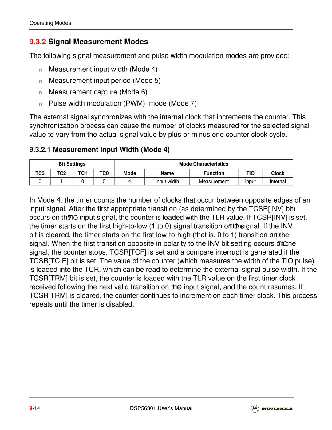 Motorola DSP56301 user manual Signal Measurement Modes, Measurement Input Width Mode, Input width Measurement 