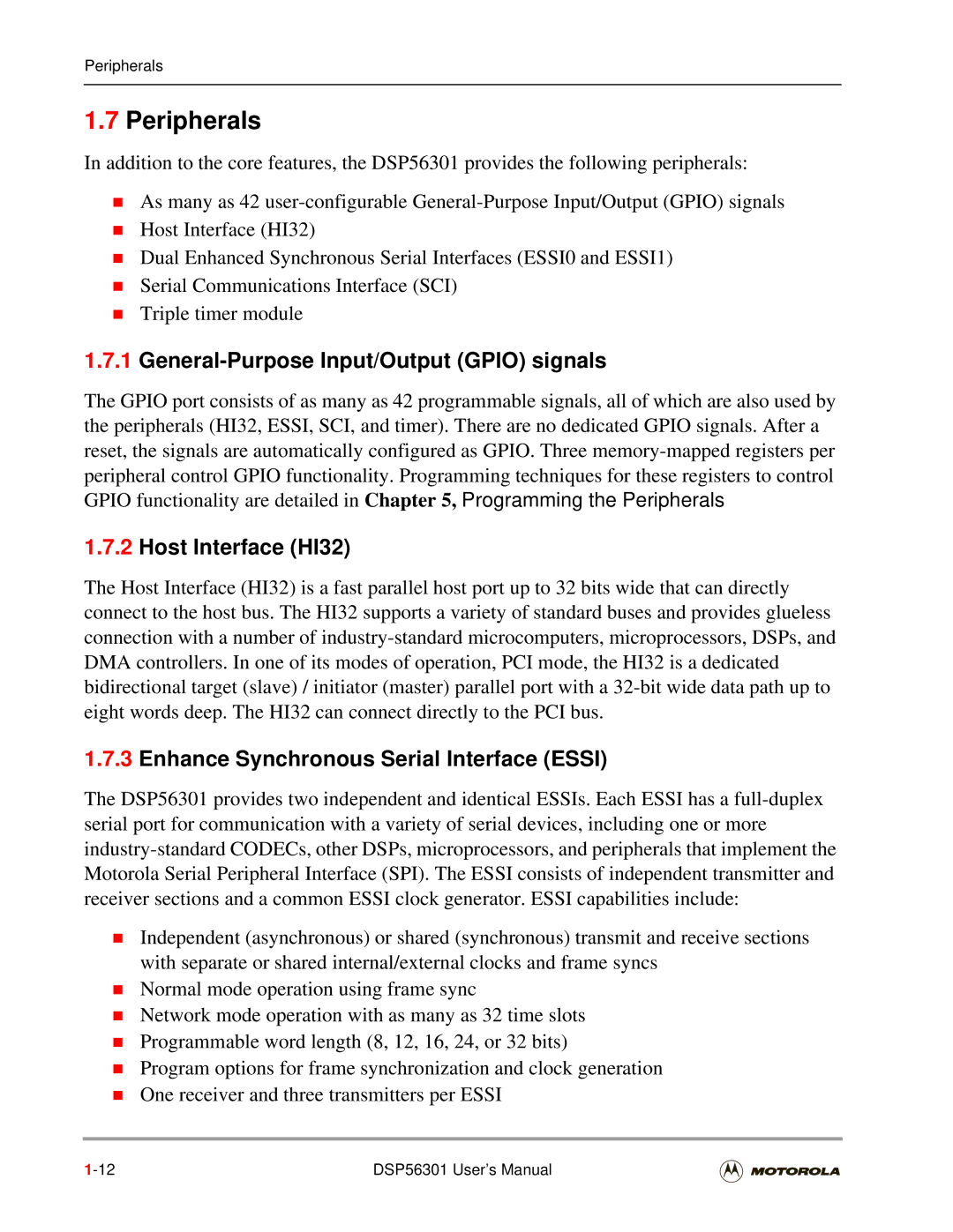 Motorola DSP56301 user manual Peripherals, General-Purpose Input/Output Gpio signals, Host Interface HI32 