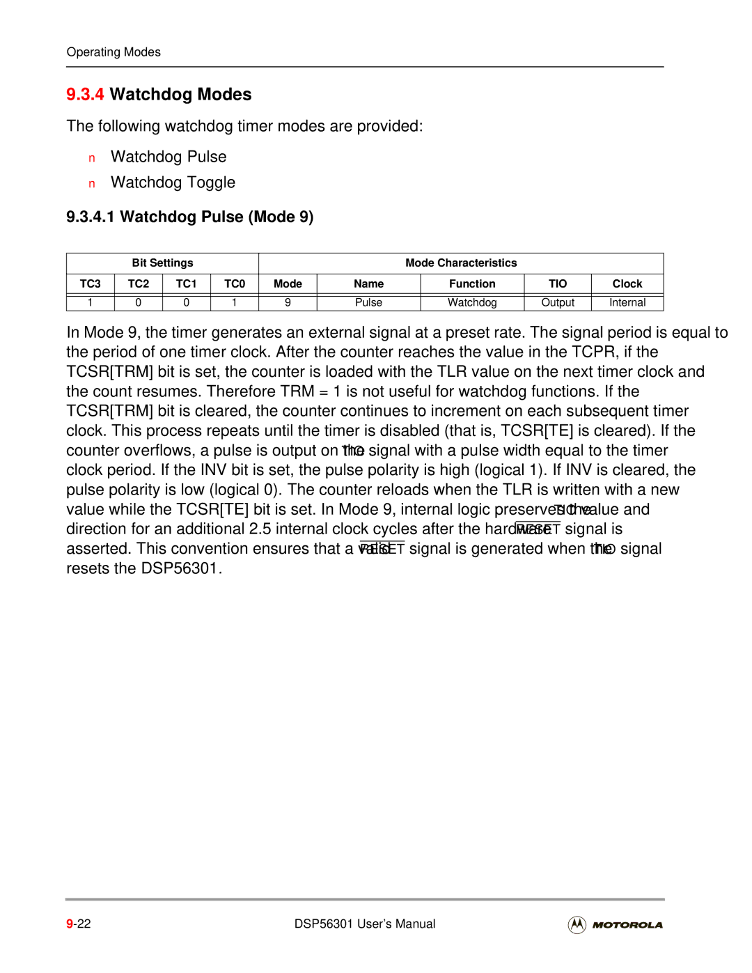 Motorola DSP56301 user manual Watchdog Modes, Watchdog Pulse Mode, Pulse Watchdog, Output Internal 