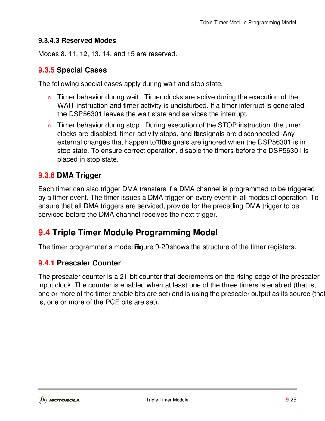 Motorola DSP56301 Triple Timer Module Programming Model, Special Cases, DMA Trigger, Prescaler Counter, Reserved Modes 