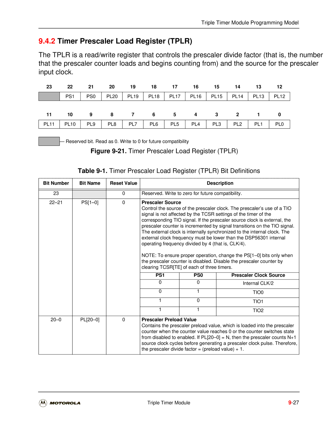 Motorola DSP56301 user manual Timer Prescaler Load Register Tplr, Prescaler Source, PS1 PS0, Prescaler Preload Value 