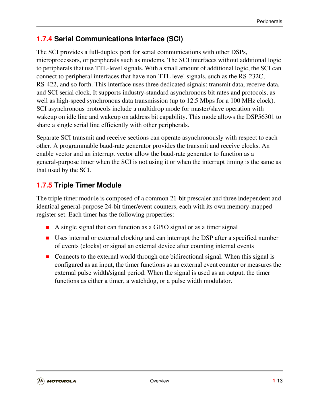 Motorola DSP56301 user manual Serial Communications Interface SCI, Triple Timer Module 