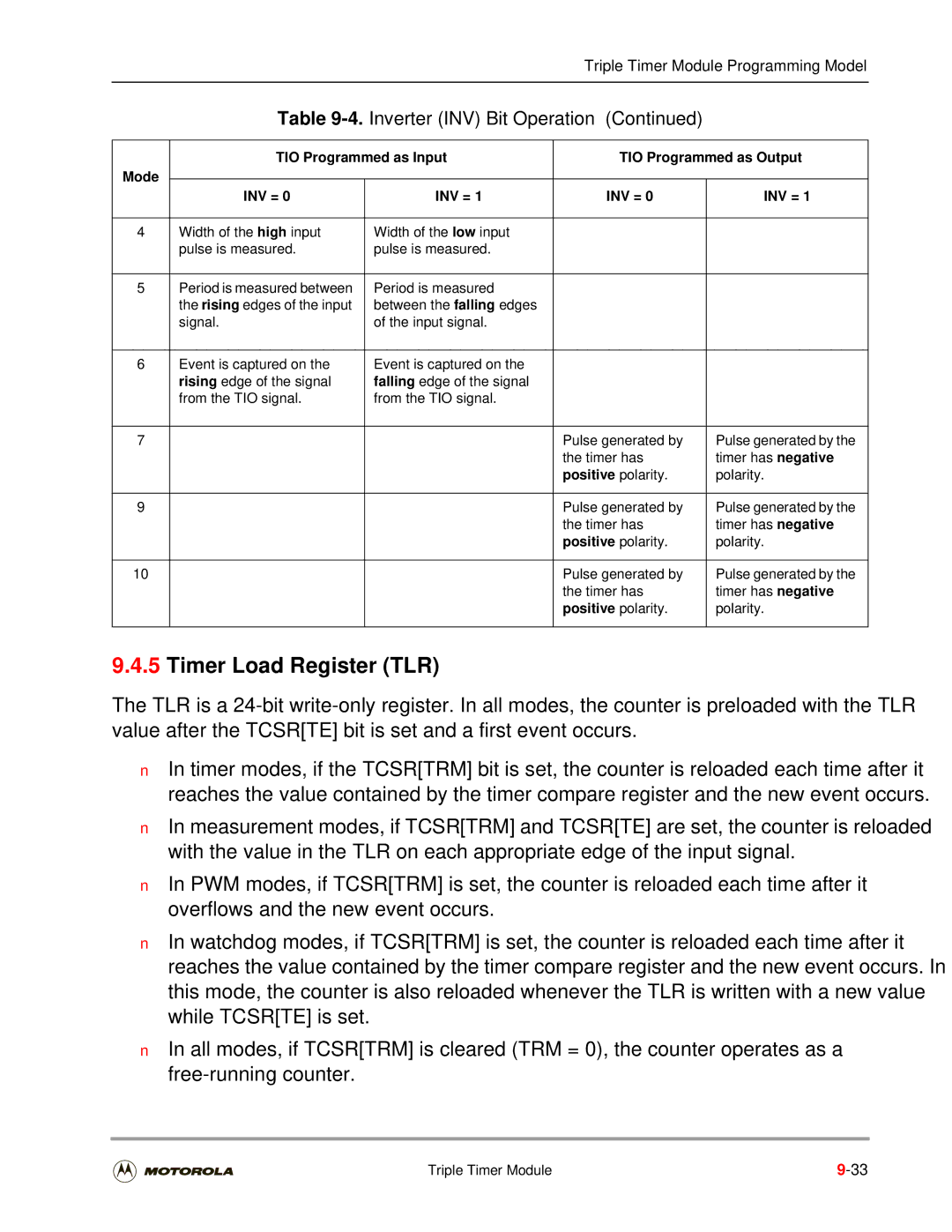 Motorola DSP56301 user manual Timer Load Register TLR, Positive polarity, Pulse generated by Timer has Timer has negative 