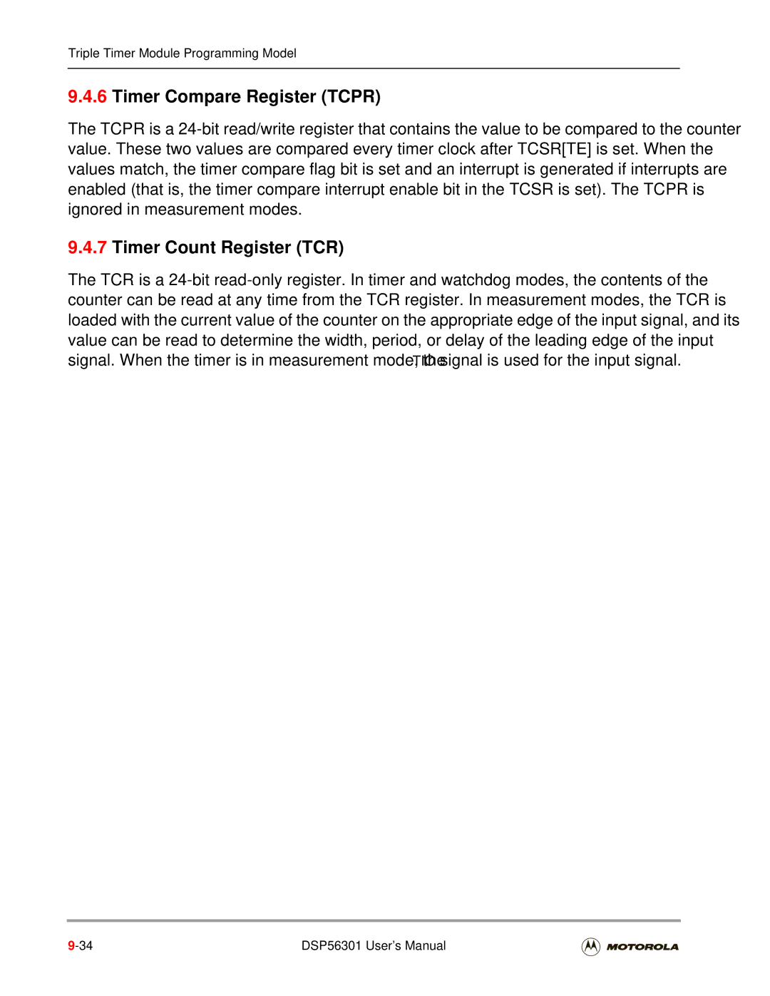 Motorola DSP56301 user manual Timer Compare Register Tcpr, Timer Count Register TCR 