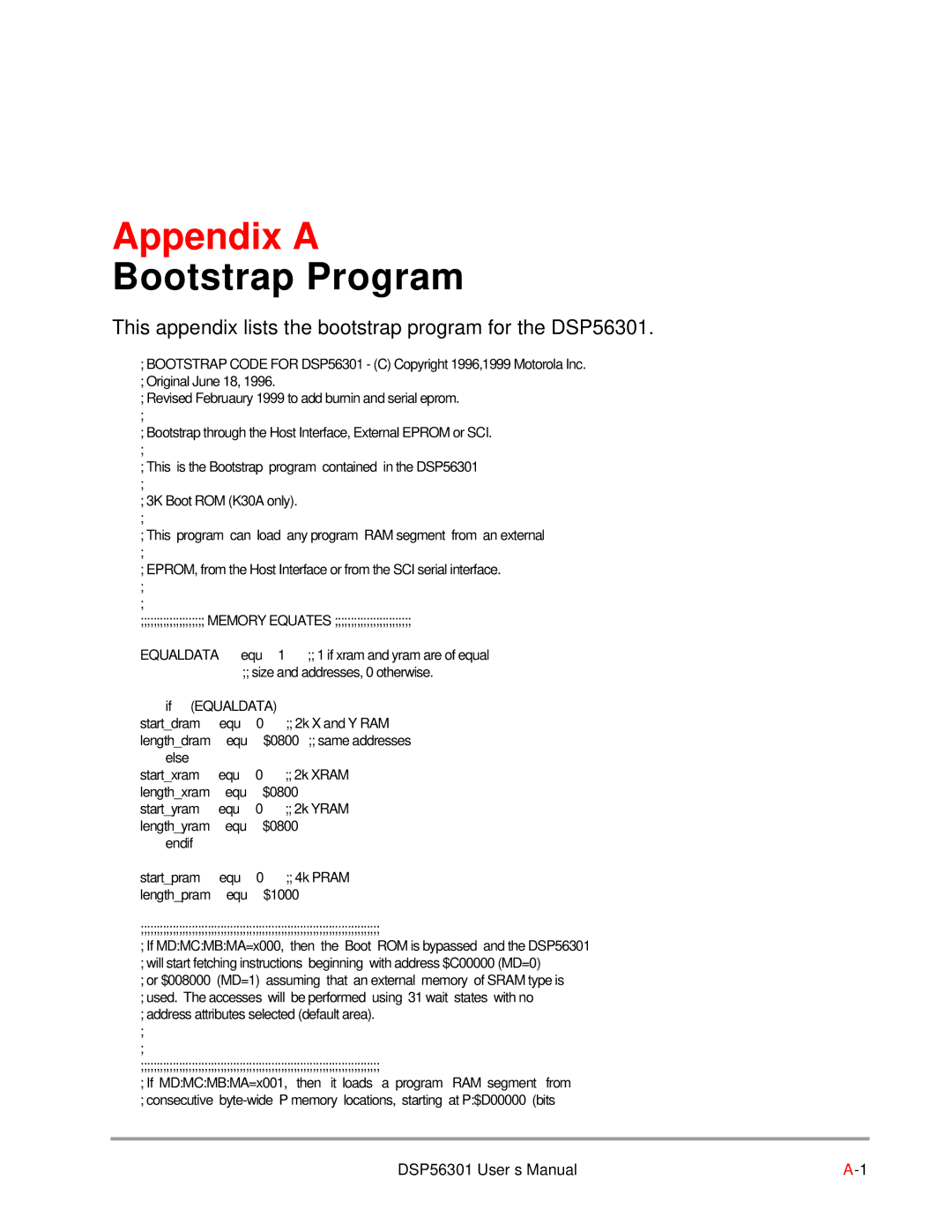 Motorola DSP56301 user manual Appendix a 