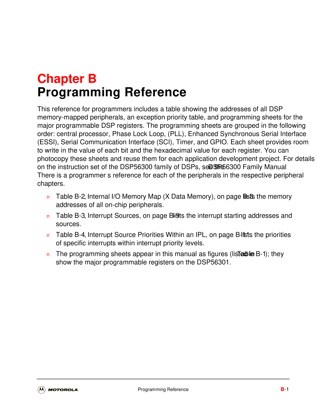 Motorola DSP56301 user manual Chapter B, Programming Reference 