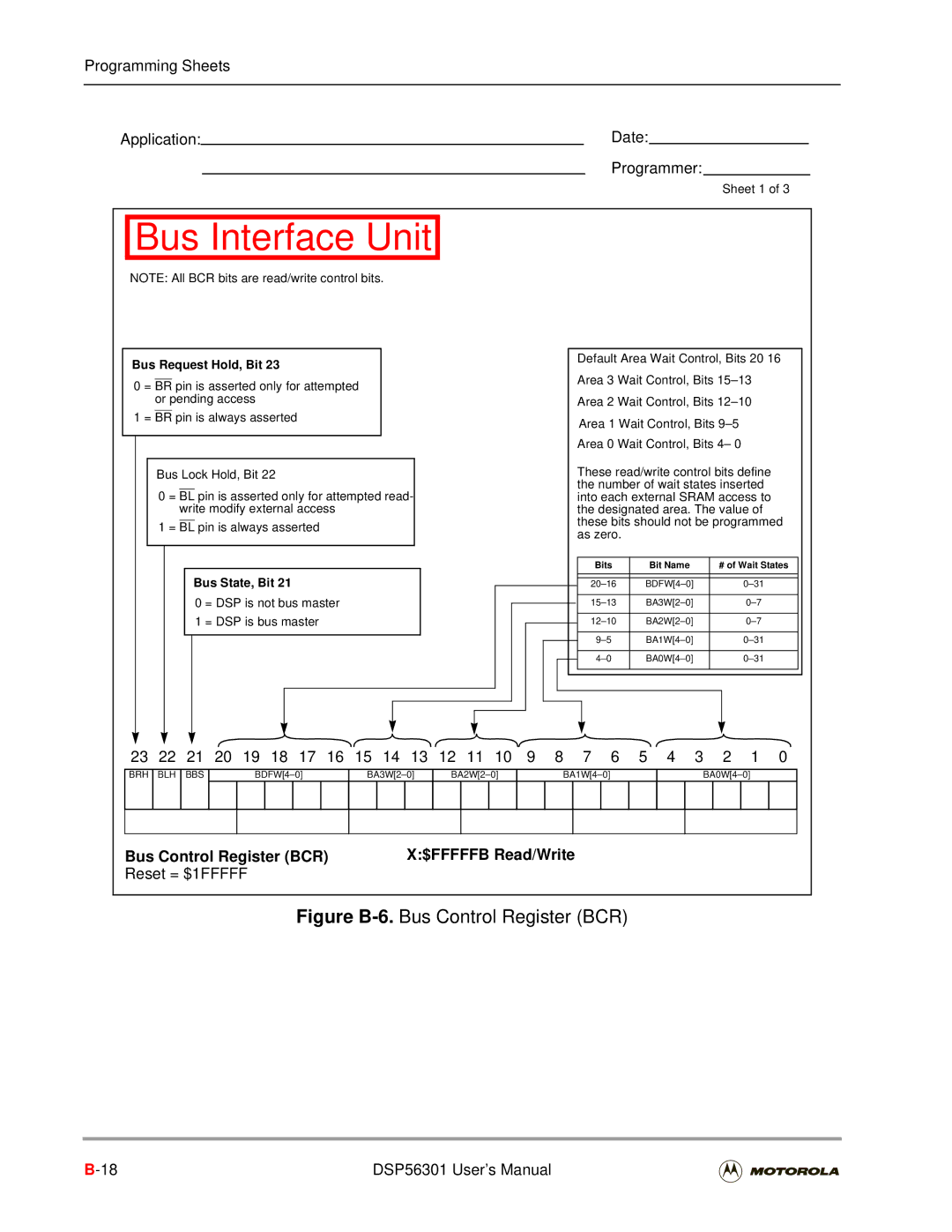 Motorola DSP56301 Bus Control Register BCR $FFFFFB Read/Write, Bus Request Hold, Bit, Bus Lock Hold, Bit, Bus State, Bit 