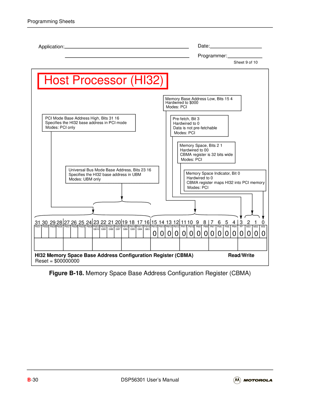 Motorola DSP56301 HI32 Memory Space Base Address Configuration Register Cbma, Reset = $00000000, Memory Space, Bits 