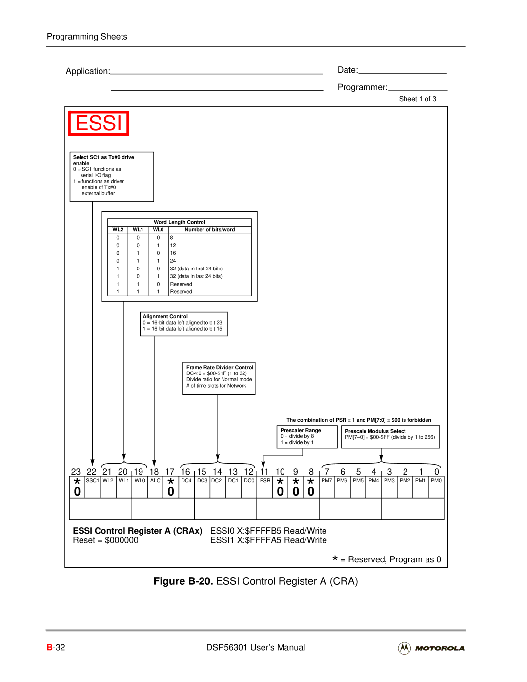 Motorola DSP56301 user manual Essi Control Register a CRAx ESSI0-X$FFFFB5 Read/Write, ESSI1-X$FFFFA5 Read/Write 