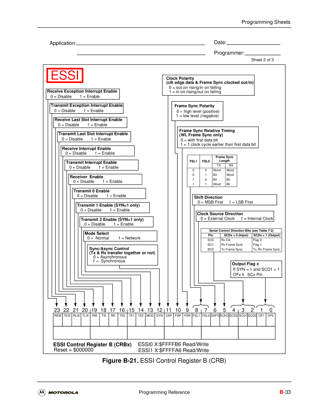 Motorola DSP56301 user manual Essi Control Register B CRBx, ESSI0-X$FFFFB6 Read/Write, ESSI1-X$FFFFA6 Read/Write 