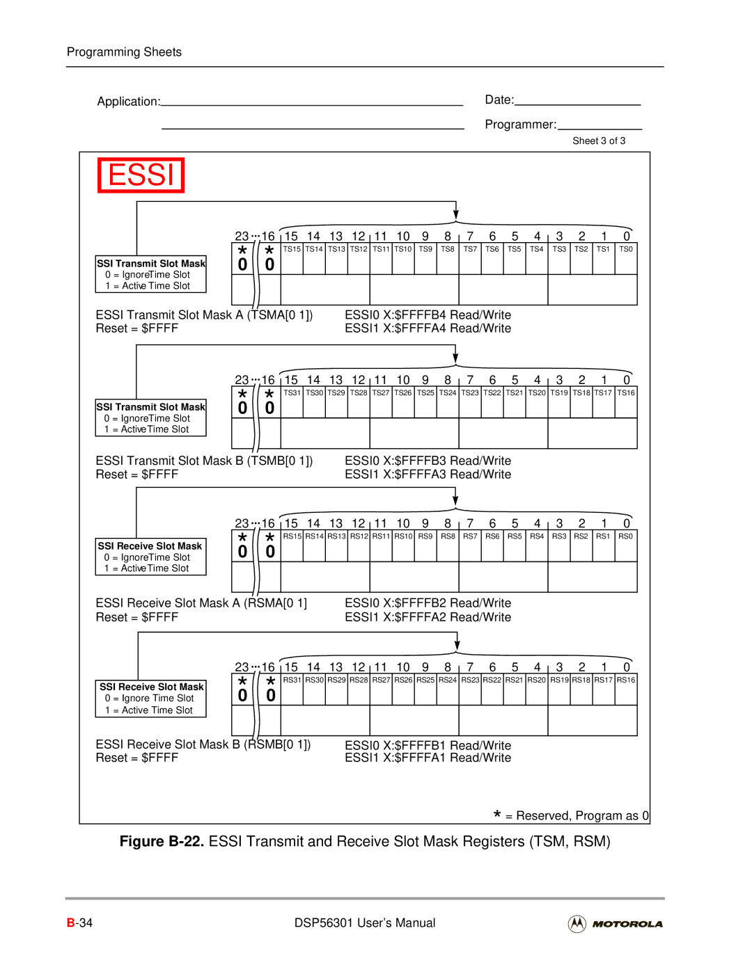 Motorola DSP56301 user manual Essi Transmit Slot Mask a TSMA0-1 ESSI0-X$FFFFB4 Read/Write, ESSI1-X$FFFFA4 Read/Write 