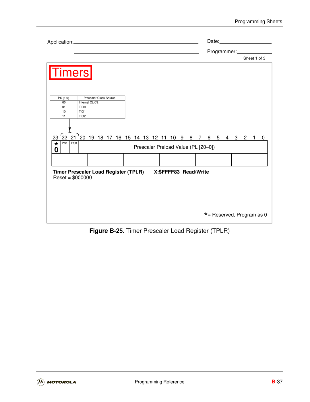 Motorola DSP56301 Figure B-25.Timer Prescaler Load Register Tplr, Timer Prescaler Load Register Tplr $FFFF83 Read/Write 