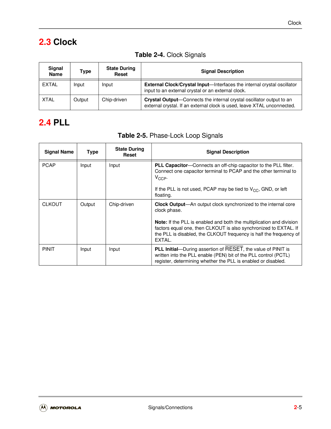 Motorola DSP56301 user manual Pll, Clock Signals, Phase-Lock Loop Signals 