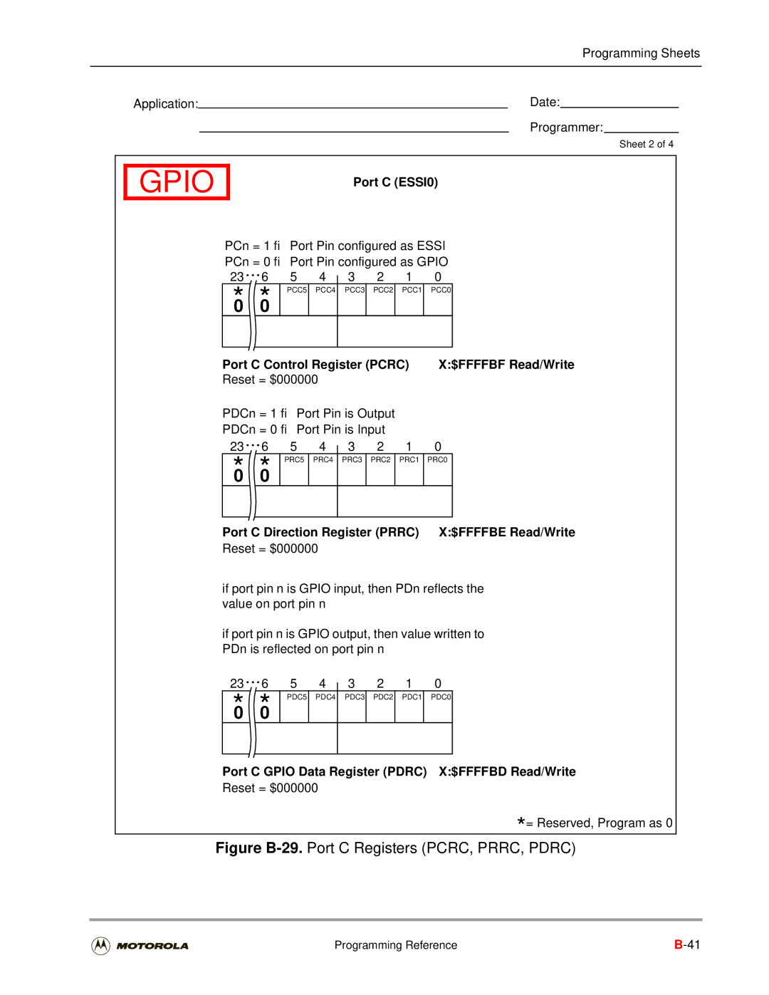 Motorola DSP56301 user manual Port C ESSI0, Port C Control Register Pcrc $FFFFBF Read/Write 