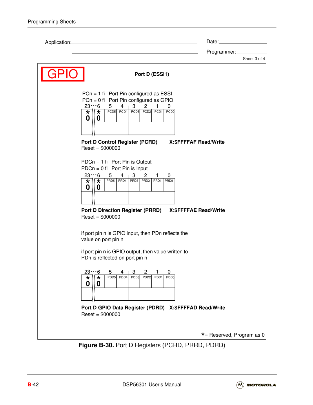 Motorola DSP56301 user manual Port D ESSI1, Port D Control Register Pcrd $FFFFAF Read/Write 