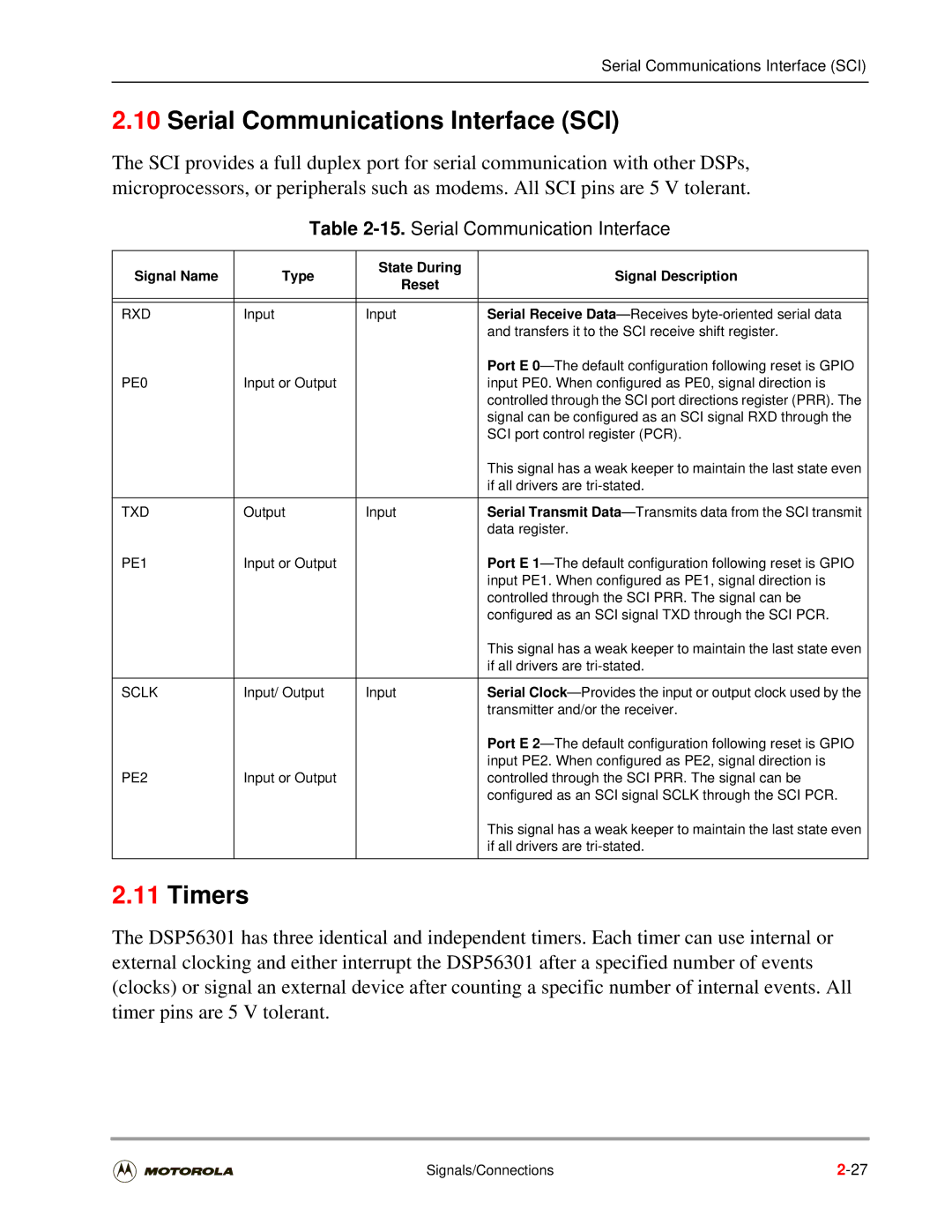 Motorola DSP56301 user manual Serial Communications Interface SCI, Timers, Serial Communication Interface 