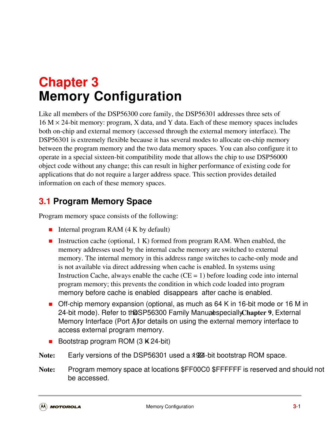 Motorola DSP56301 user manual Program Memory Space, Memory Configuration 