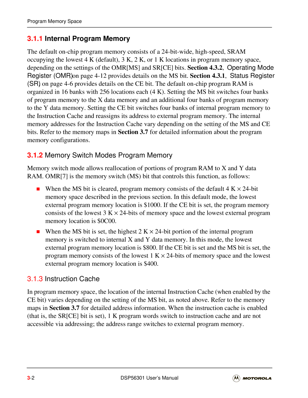 Motorola DSP56301 user manual Internal Program Memory, Memory Switch Modes-Program Memory, Instruction Cache 