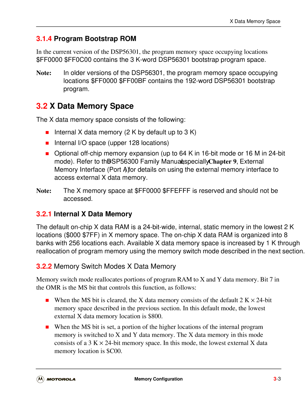 Motorola DSP56301 Data Memory Space, Program Bootstrap ROM, Internal X Data Memory, Memory Switch Modes-X Data Memory 