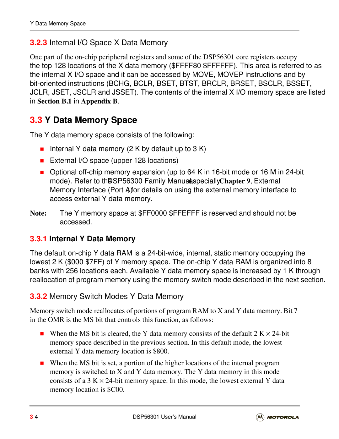 Motorola DSP56301 user manual Internal I/O Space-X Data Memory, Internal Y Data Memory, Memory Switch Modes-Y Data Memory 