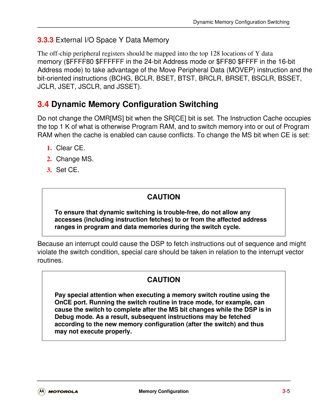 Motorola DSP56301 user manual Dynamic Memory Configuration Switching, External I/O Space-Y Data Memory 