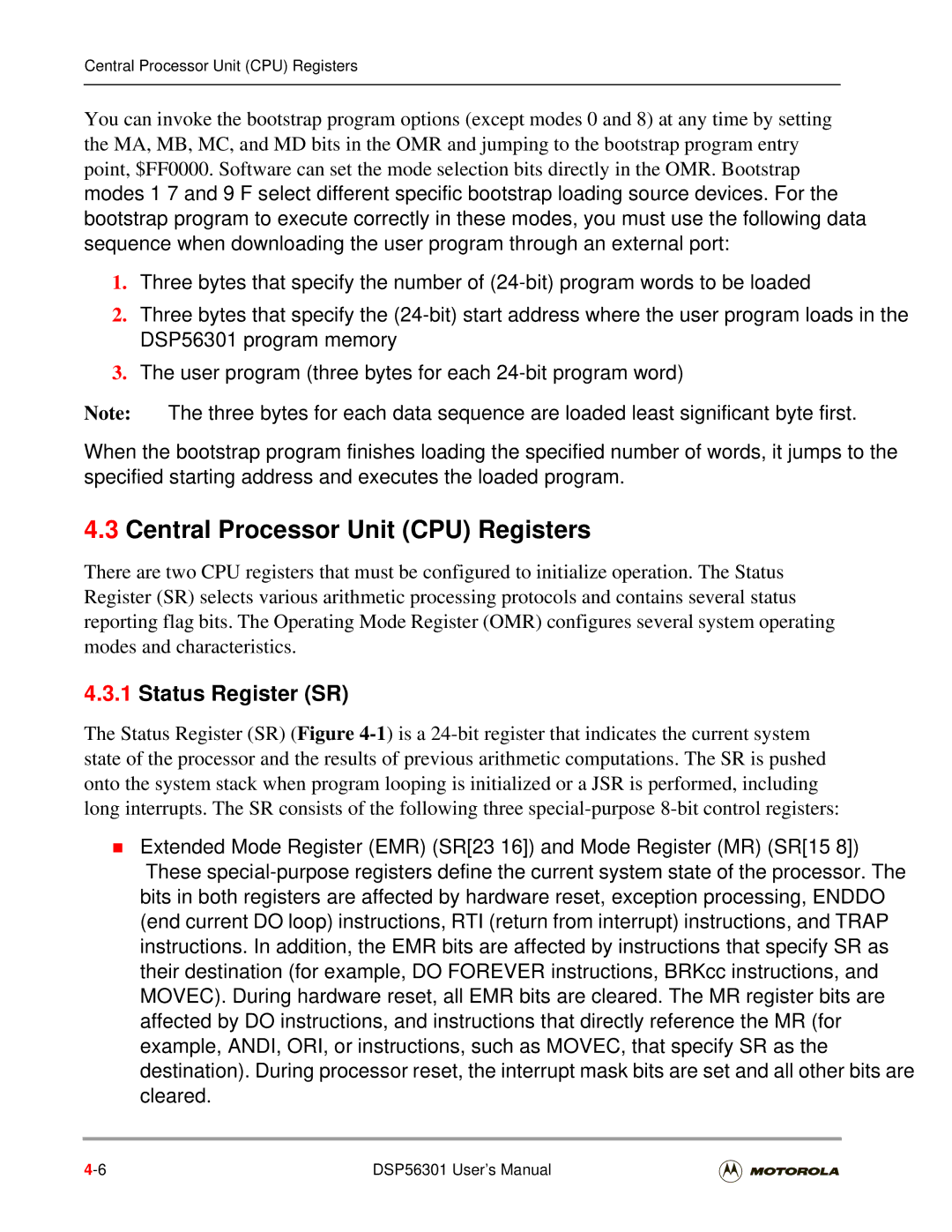 Motorola DSP56301 user manual Central Processor Unit CPU Registers, Status Register SR 