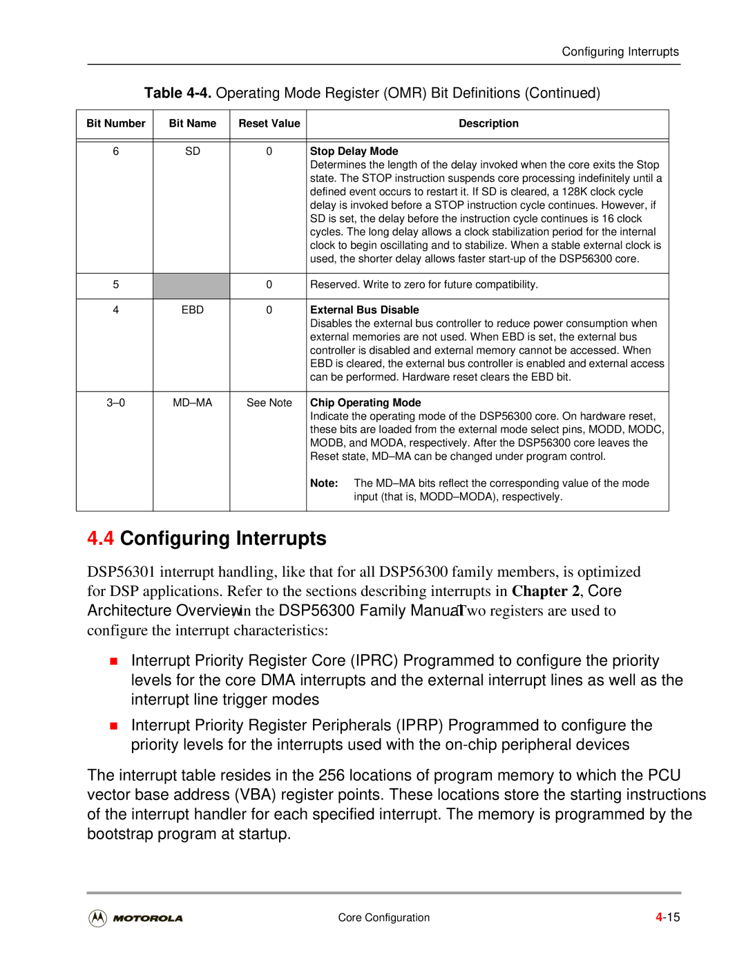 Motorola DSP56301 user manual Configuring Interrupts, Bit Number Bit Name Reset Value Description Stop Delay Mode, Md-Ma 