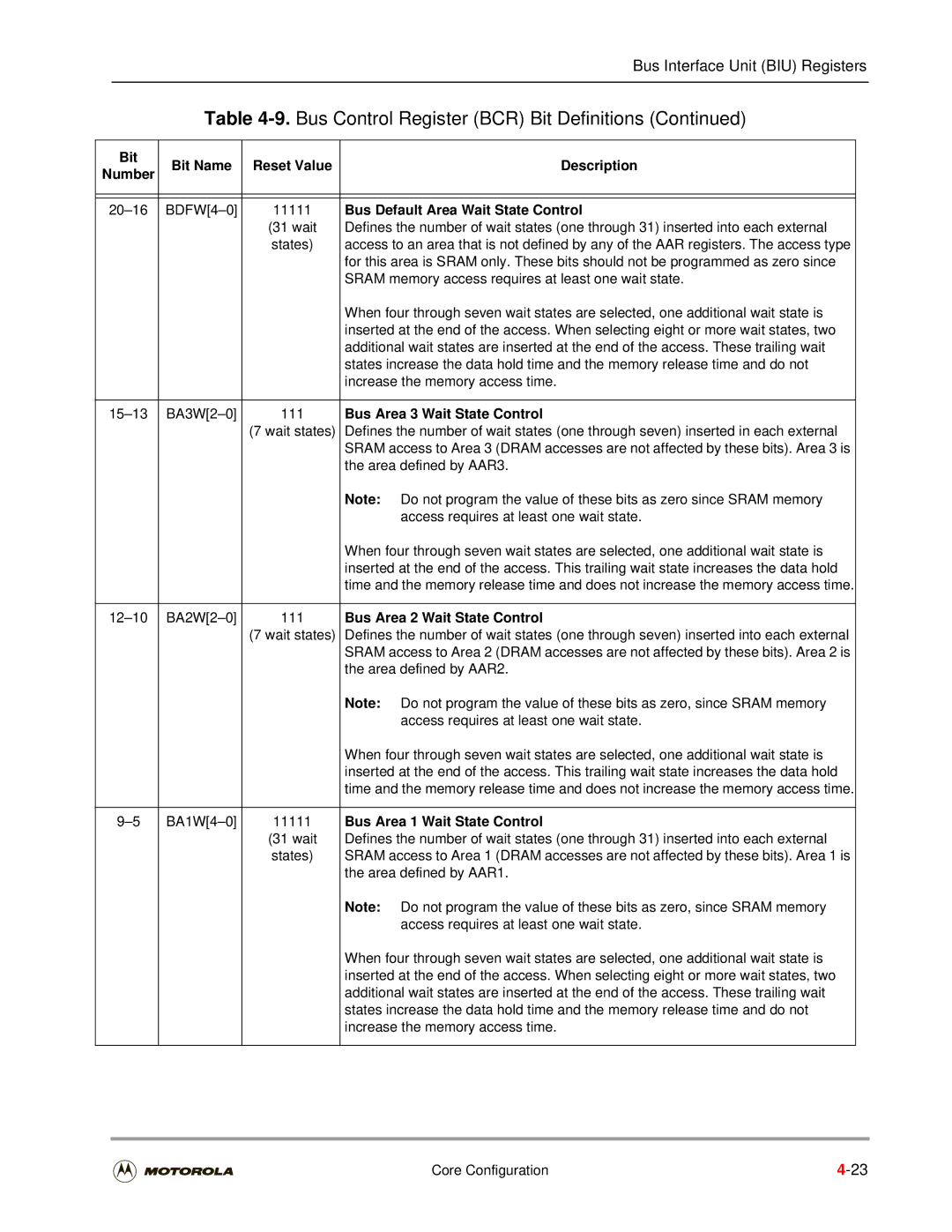 Motorola DSP56301 Bus Default Area Wait State Control, Bus Area 3 Wait State Control, Bus Area 2 Wait State Control 