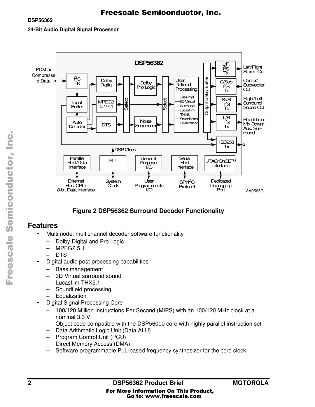 Motorola DSP56362 specifications MPEG2, Dts, SPI/I 2C 