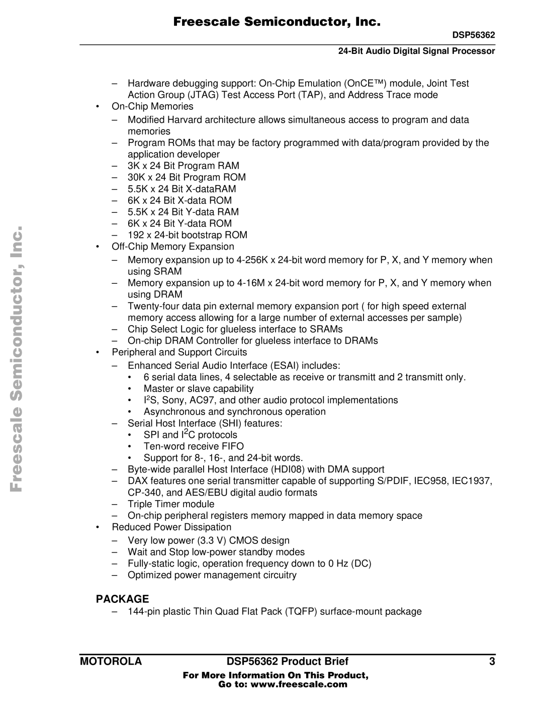 Motorola DSP56362 specifications Package 