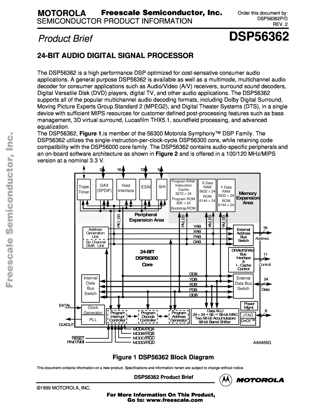 Motorola DSP56362 specifications MOTOROLA Freescale Semiconductor, Inc, Bit Audio Digital Signal Processor 