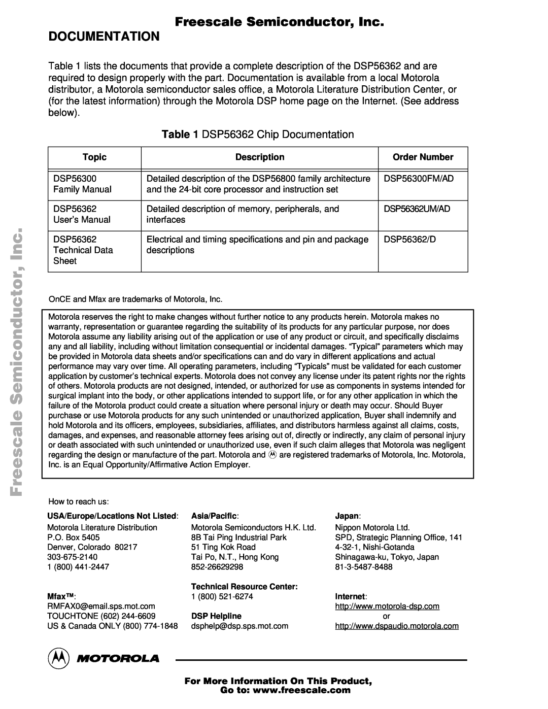 Motorola Freescale Semiconductor, Inc DOCUMENTATION, DSP56362 Chip Documentation, Topic, Description, Order Number 