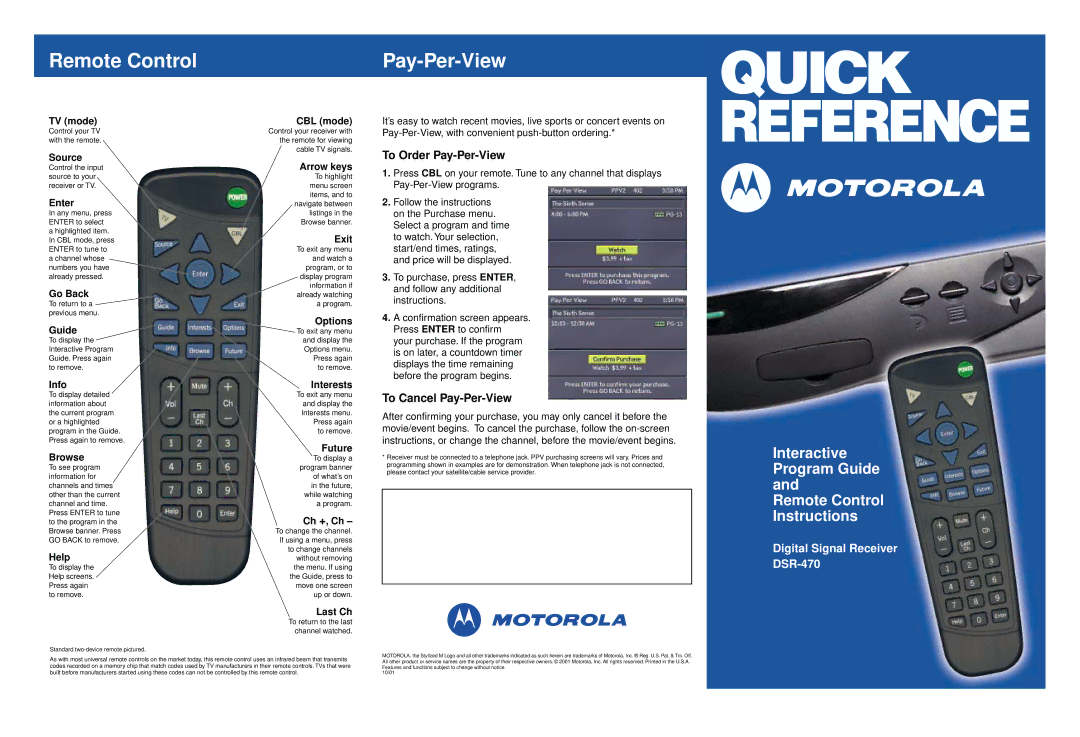 Motorola DSR-470 manual Remote Control, To Order Pay-Per-View, To Cancel Pay-Per-View 