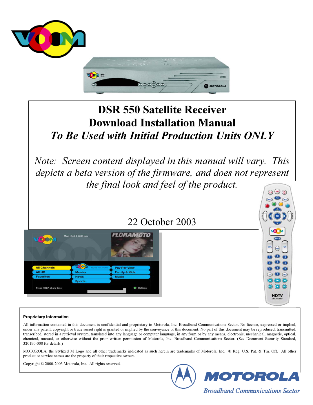 Motorola installation manual DSR 550 Satellite Receiver Download Installation Manual, October, Proprietary Information 