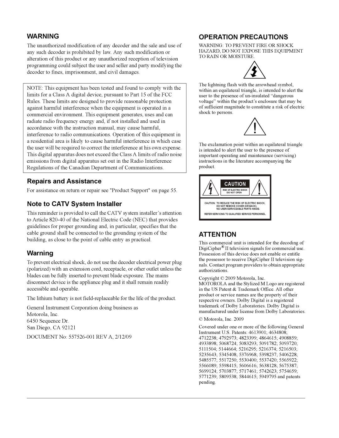 Motorola DSR-6000 manual Operation Precautions 