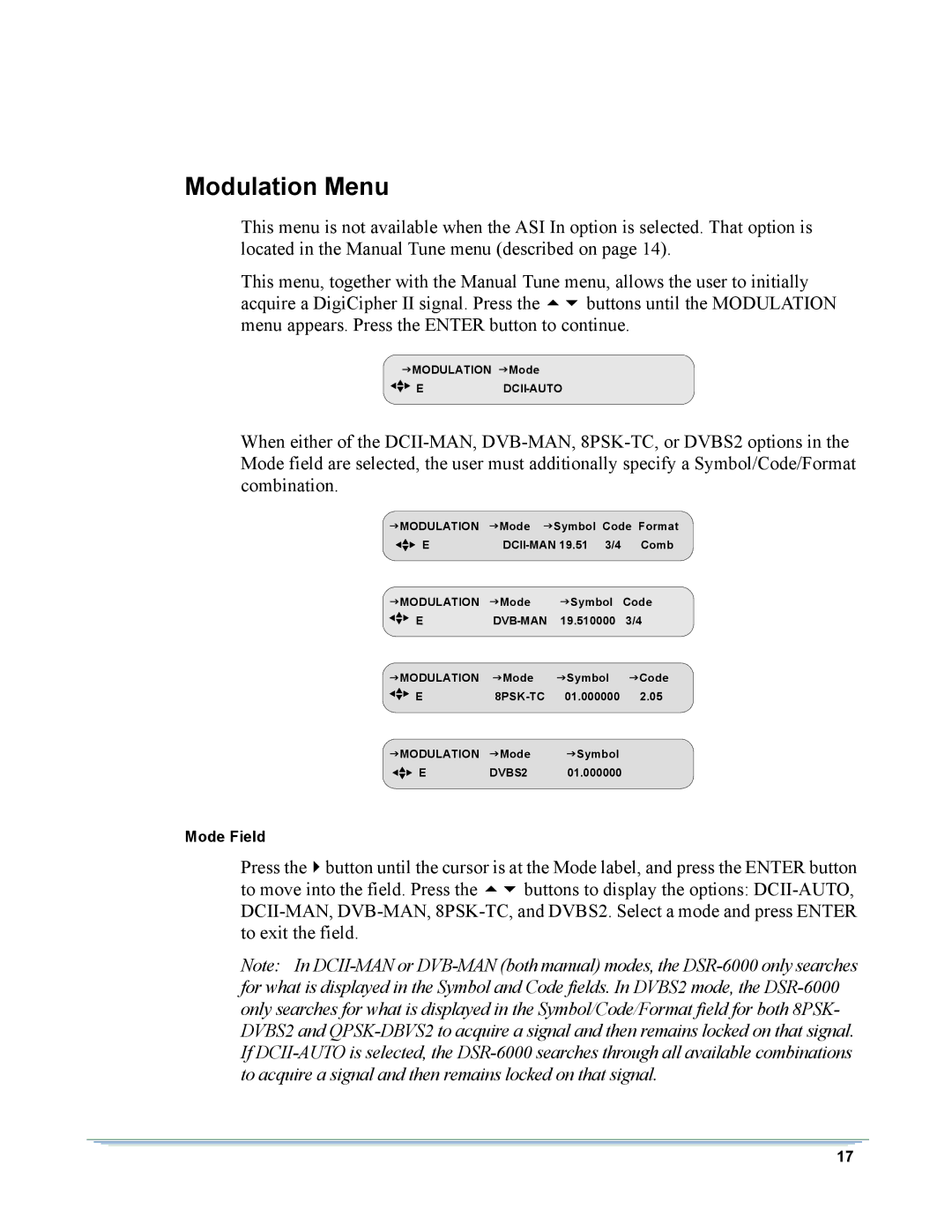 Motorola DSR-6000 manual Modulation Menu 