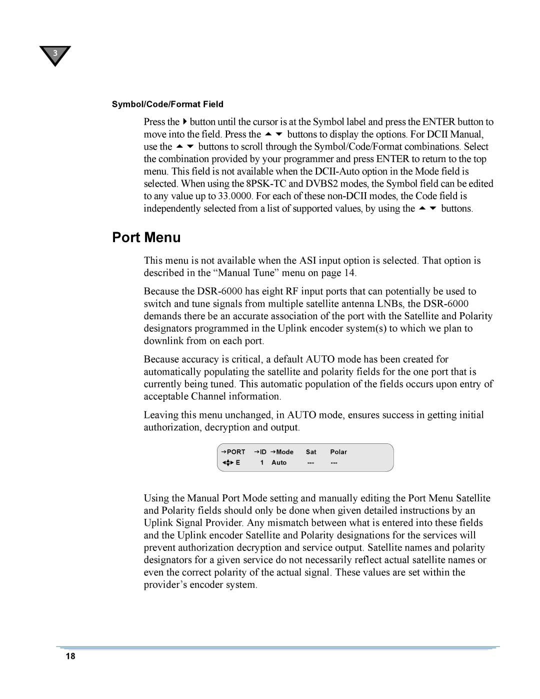 Motorola DSR-6000 manual Port Menu 