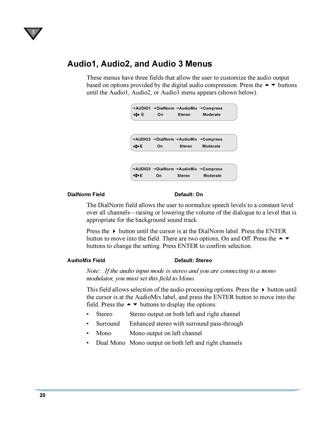 Motorola DSR-6000 manual Audio1, Audio2, and Audio 3 Menus 