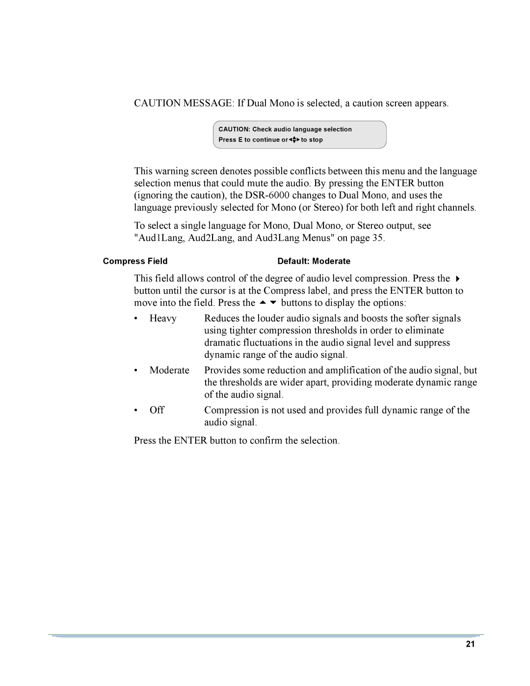 Motorola DSR-6000 manual Compress Field Default Moderate 