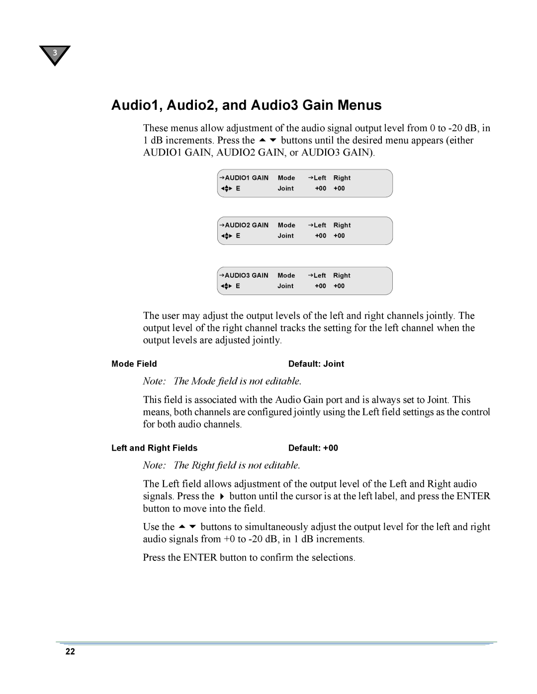 Motorola DSR-6000 manual Audio1, Audio2, and Audio3 Gain Menus 