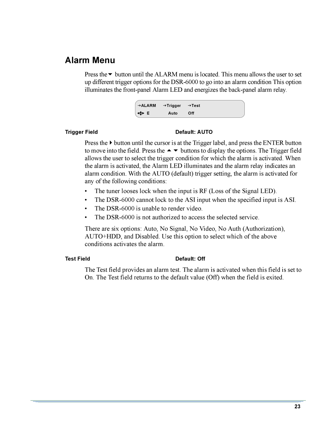 Motorola DSR-6000 manual Alarm Menu 