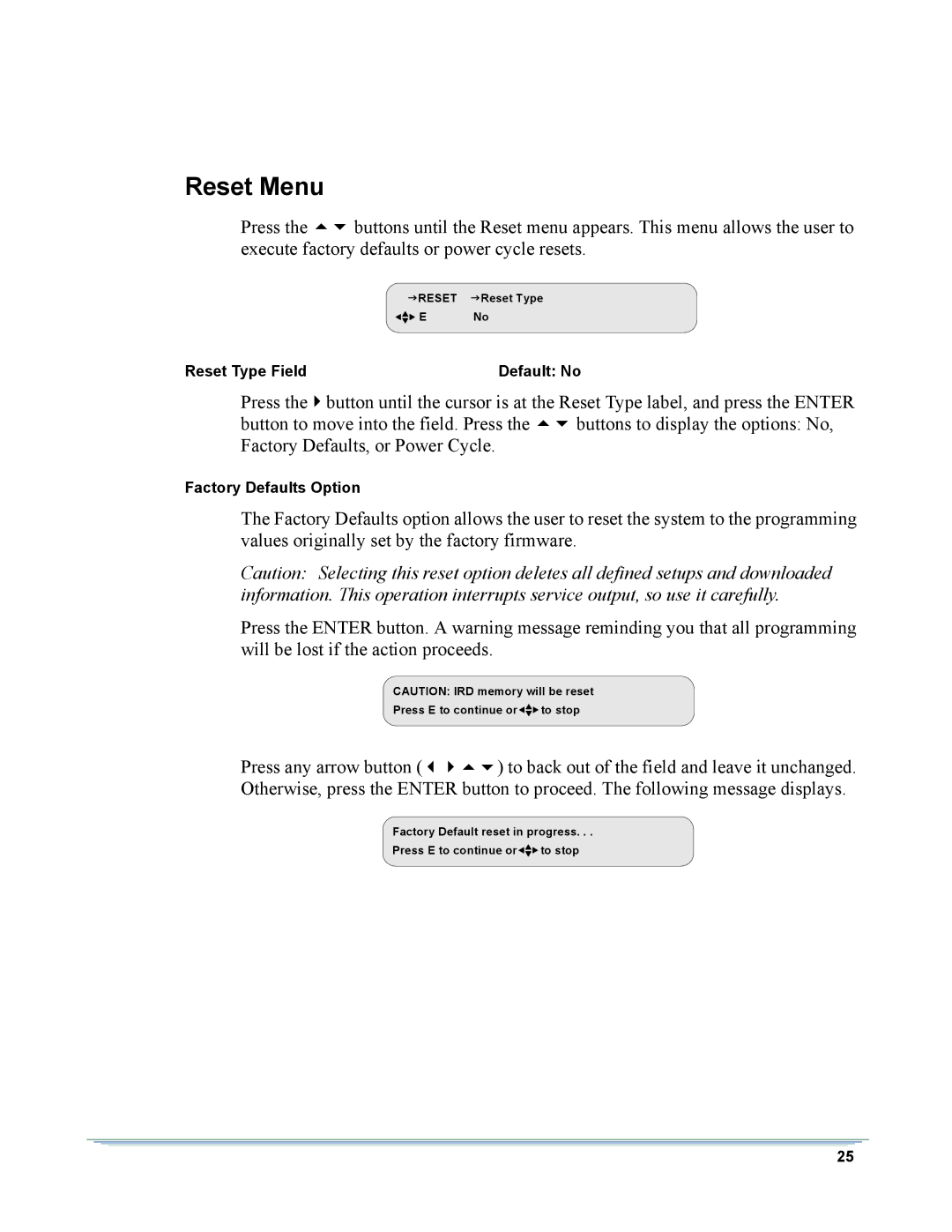 Motorola DSR-6000 manual Reset Menu 