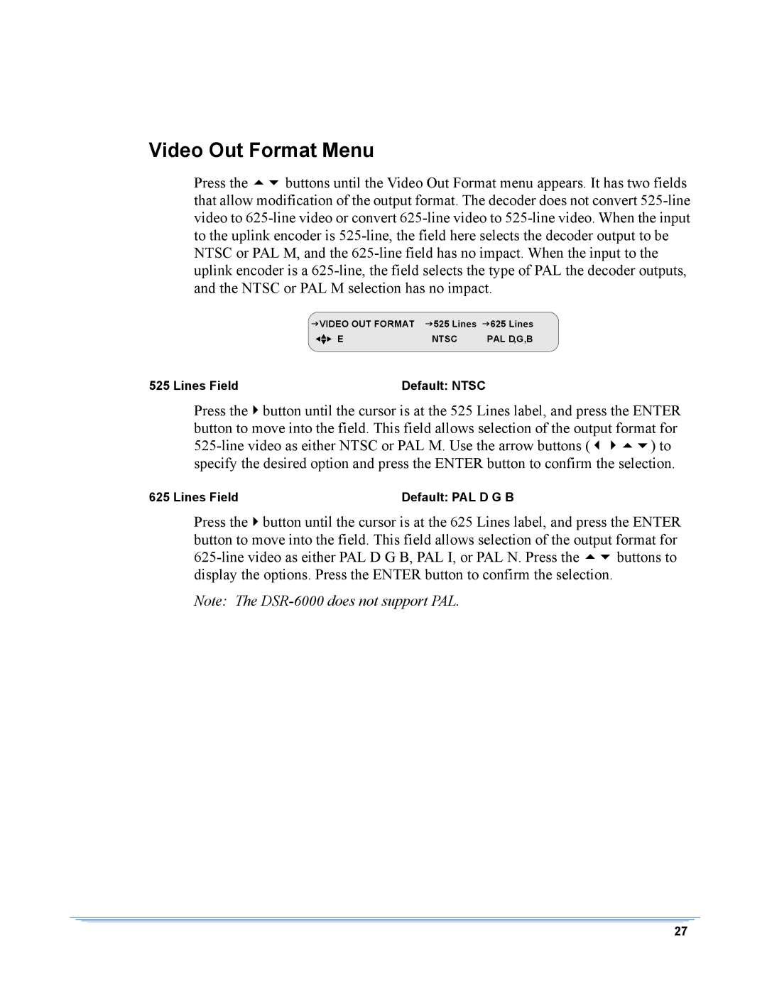 Motorola DSR-6000 manual Video Out Format Menu 