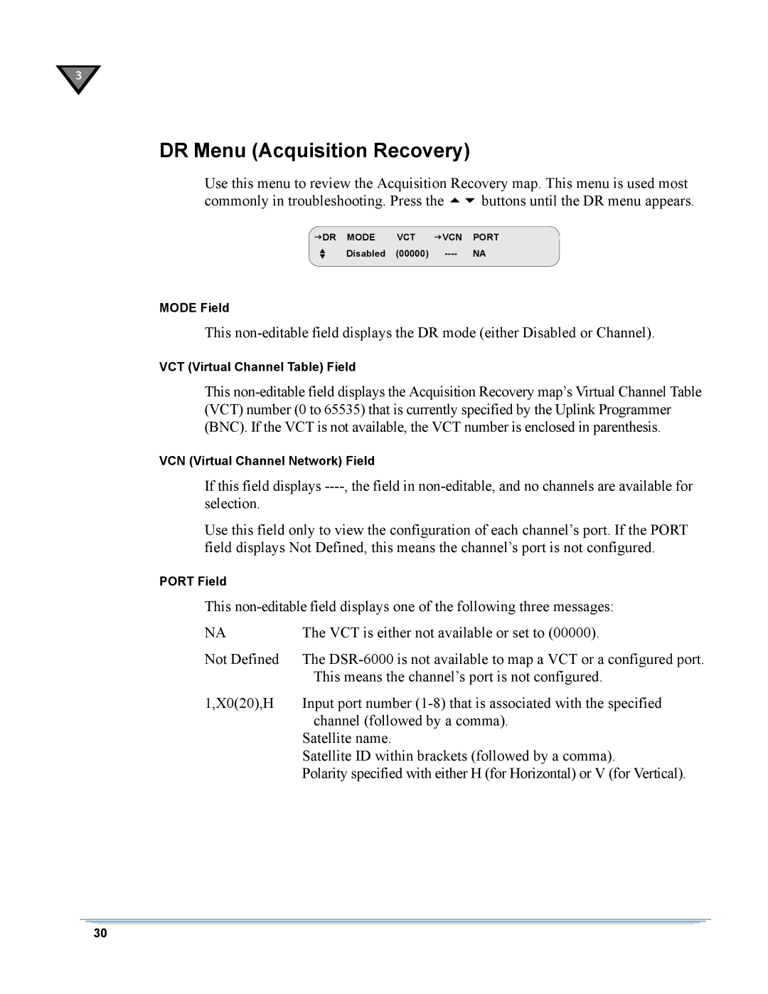 Motorola DSR-6000 manual DR Menu Acquisition Recovery 