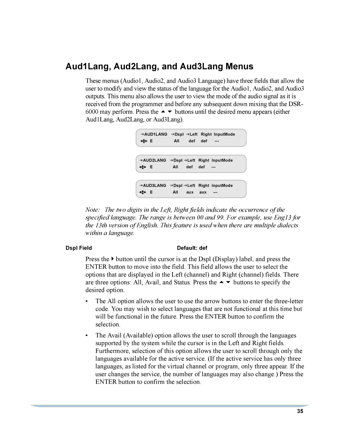 Motorola DSR-6000 manual Aud1Lang, Aud2Lang, and Aud3Lang Menus 