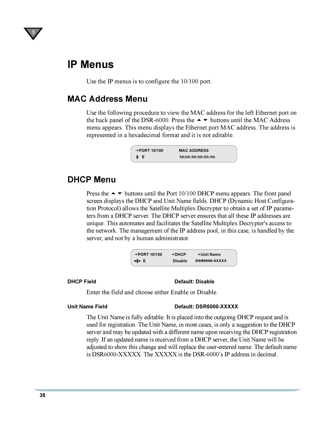 Motorola DSR-6000 manual IP Menus, MAC Address Menu, Dhcp Menu 