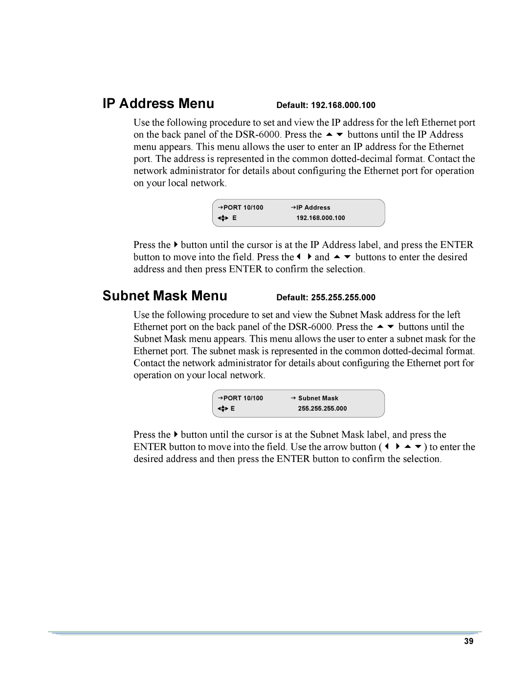 Motorola DSR-6000 manual IP Address Menu, Subnet Mask Menu 