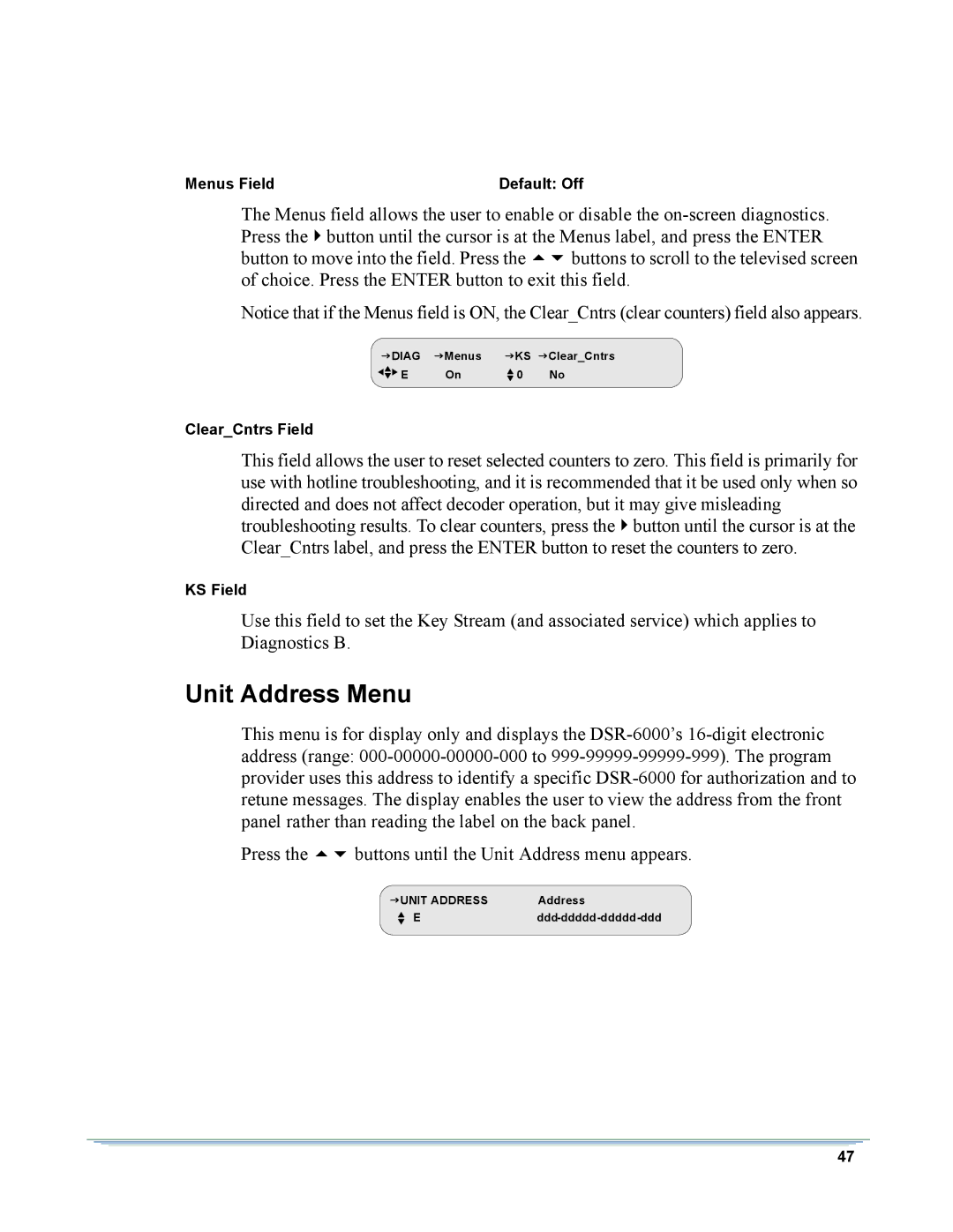 Motorola DSR-6000 manual Unit Address Menu 